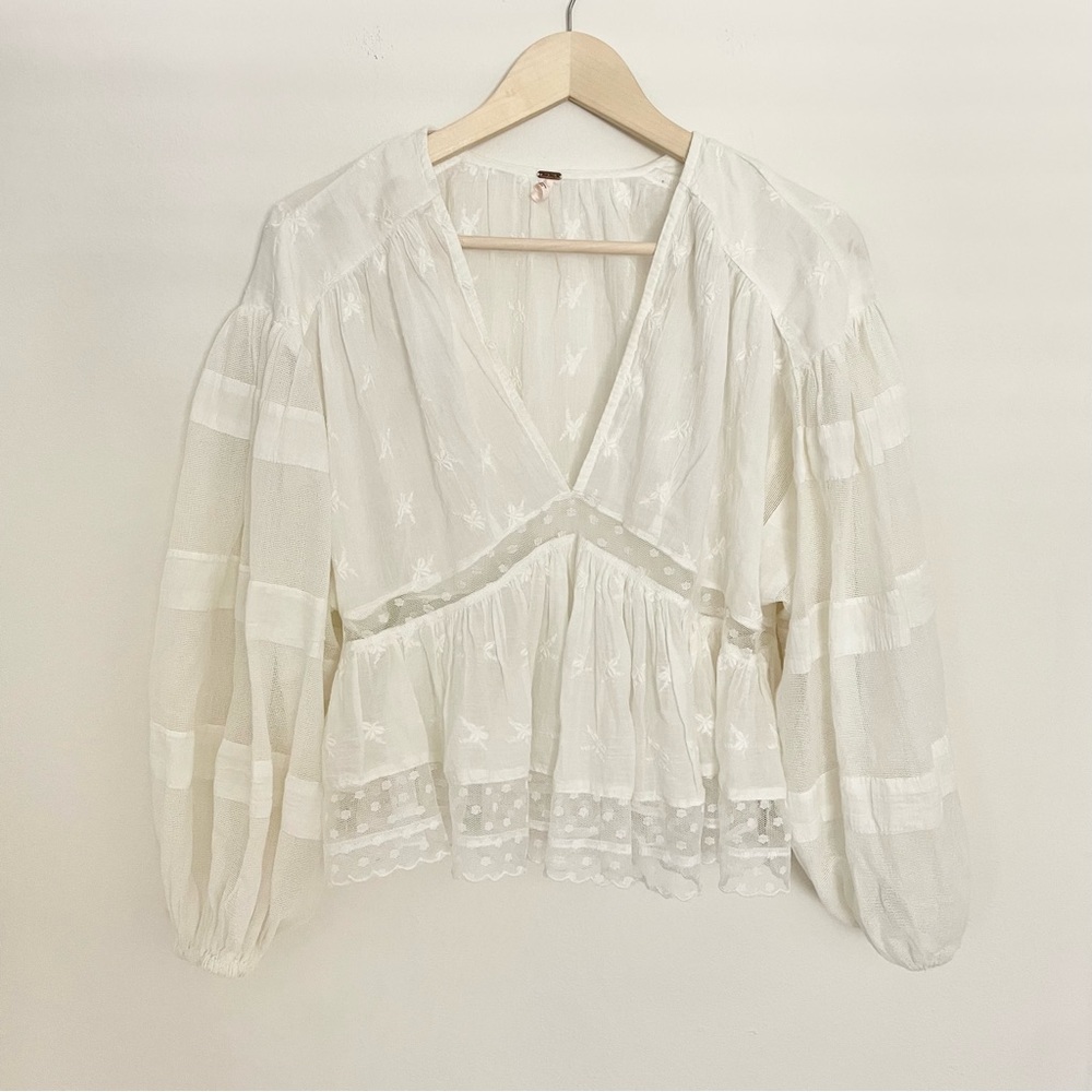 FREE PEOPLE White Lace Bubble Sleeve Top